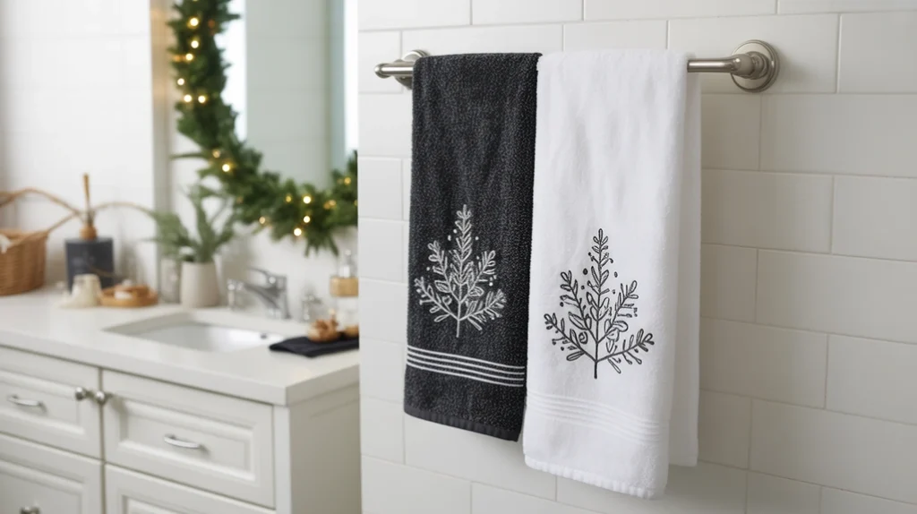 black and white christmas towels hanging in a modern bathroom with greenery and winter accents