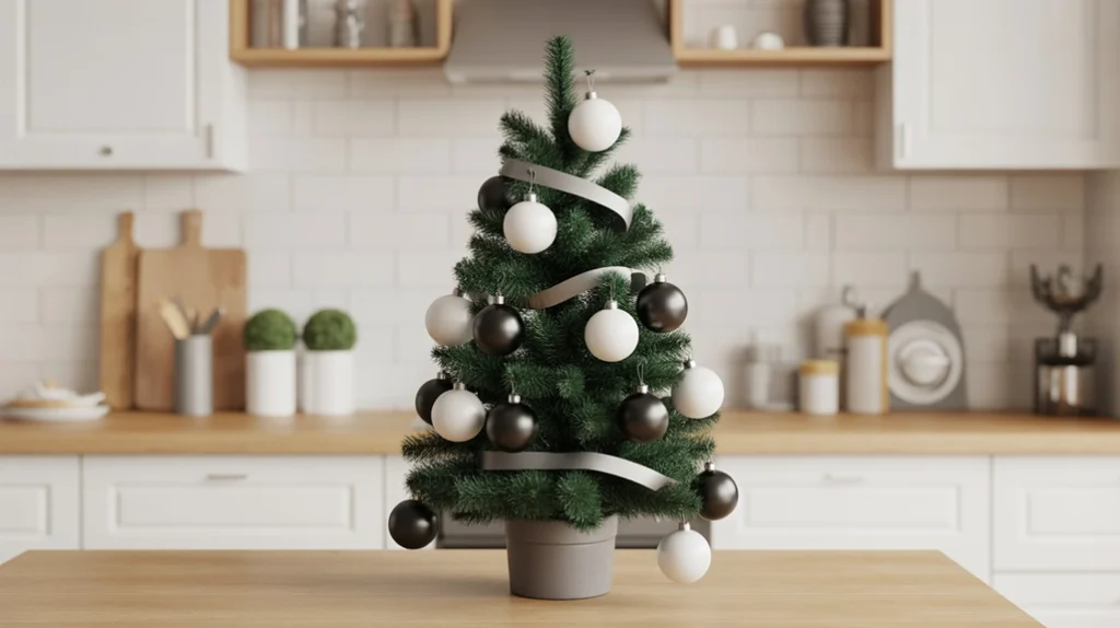 Small black and white Christmas tree on kitchen counter with matte ornaments and minimalist holiday style