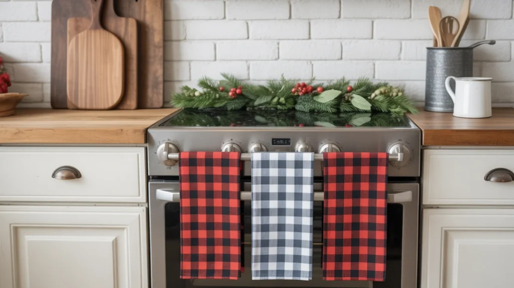 Buffalo plaid dish towels adding farmhouse Christmas charm to a cozy kitchen
