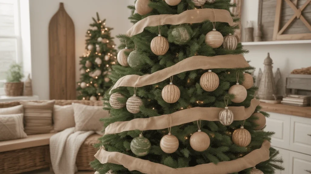 Rustic farmhouse Christmas tree with burlap ribbon garlands and wooden ornaments for natural holiday charm.