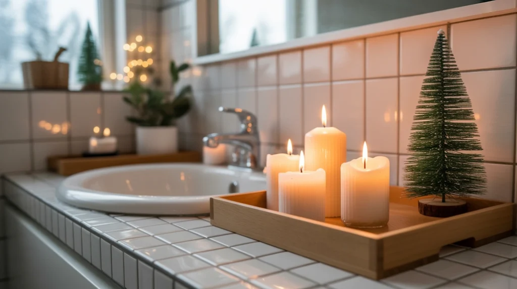 Warm candlelight creating a cozy Nordic Christmas glow in a calm Scandinavian bathroom.