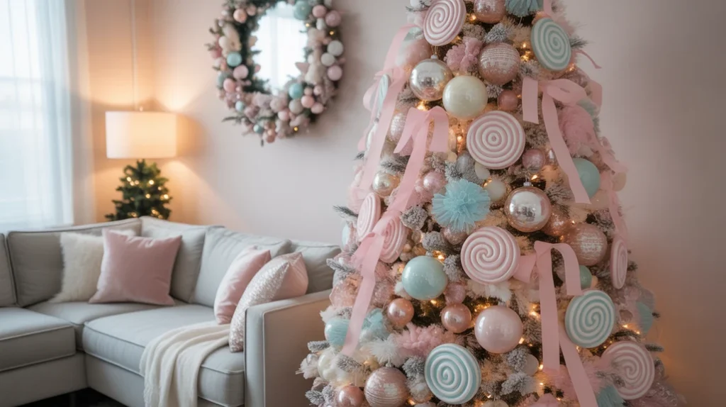 Candy Wonderland Whimsical Christmas Tree with oversized lollipops and pastel ornaments
