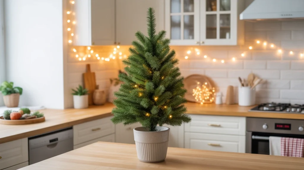 mini christmas tree in ceramic pot styled in a modern kitchen corner with soft fairy lights
