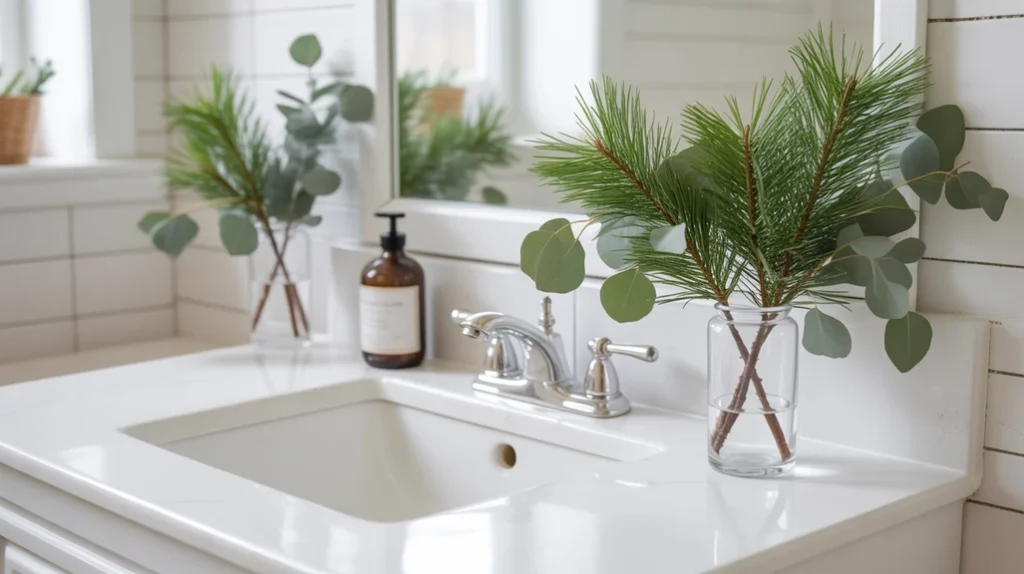bathroom sink decorated with eucalyptus and pine sprigs for a fresh Christmas look