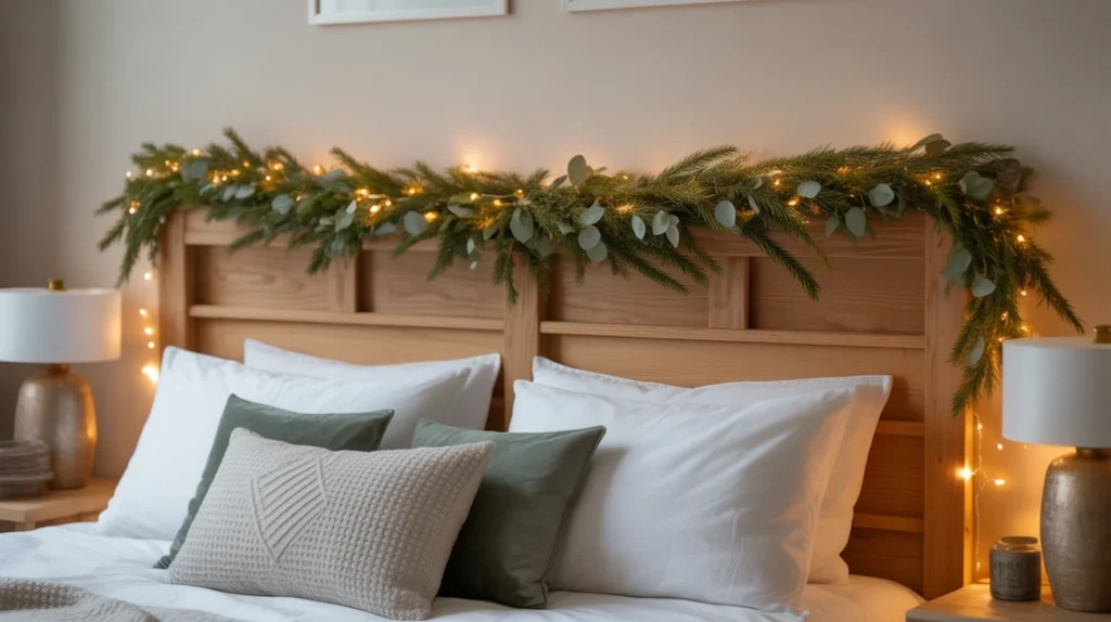 DIY Christmas headboard garland made from pine branches and fairy lights for cozy bedroom decoration on a budget.