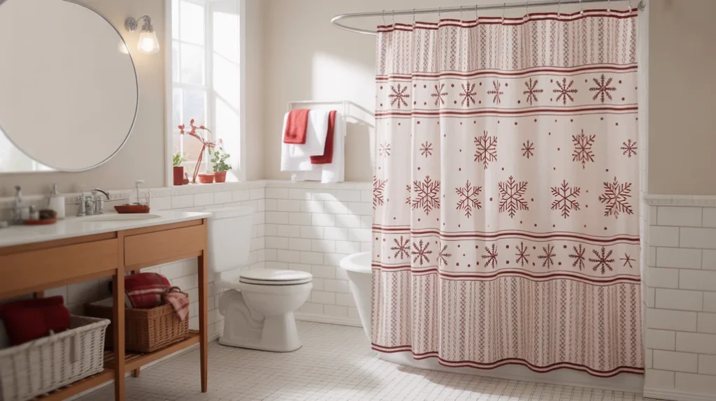 “bathroom with a christmas-themed shower curtain in soft red and white patterns”