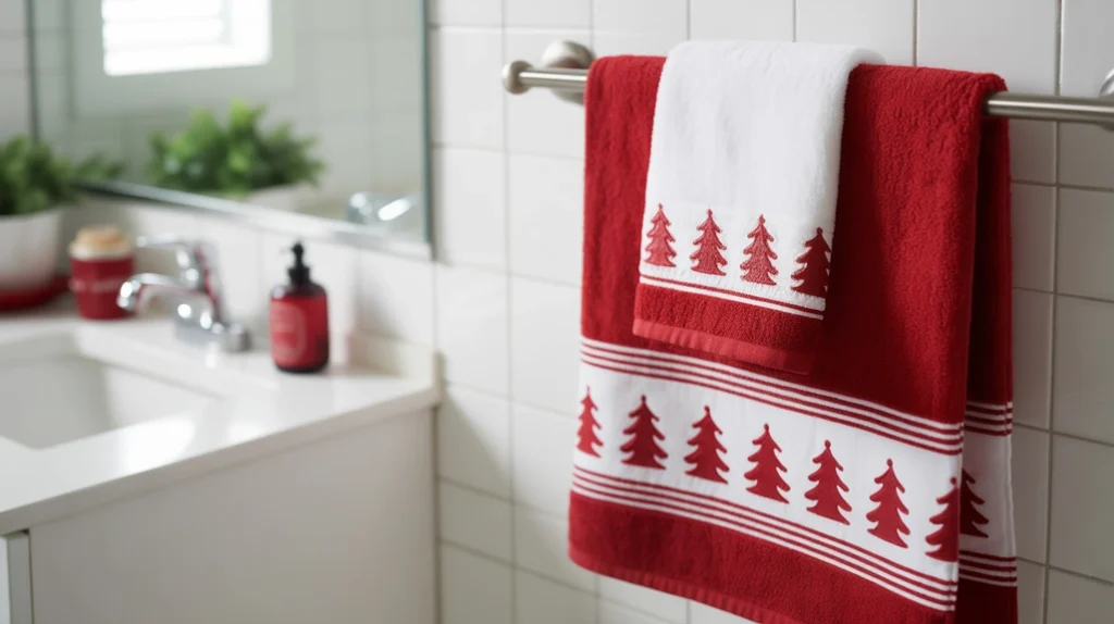 red and white layered christmas towels for a classic holiday bathroom look