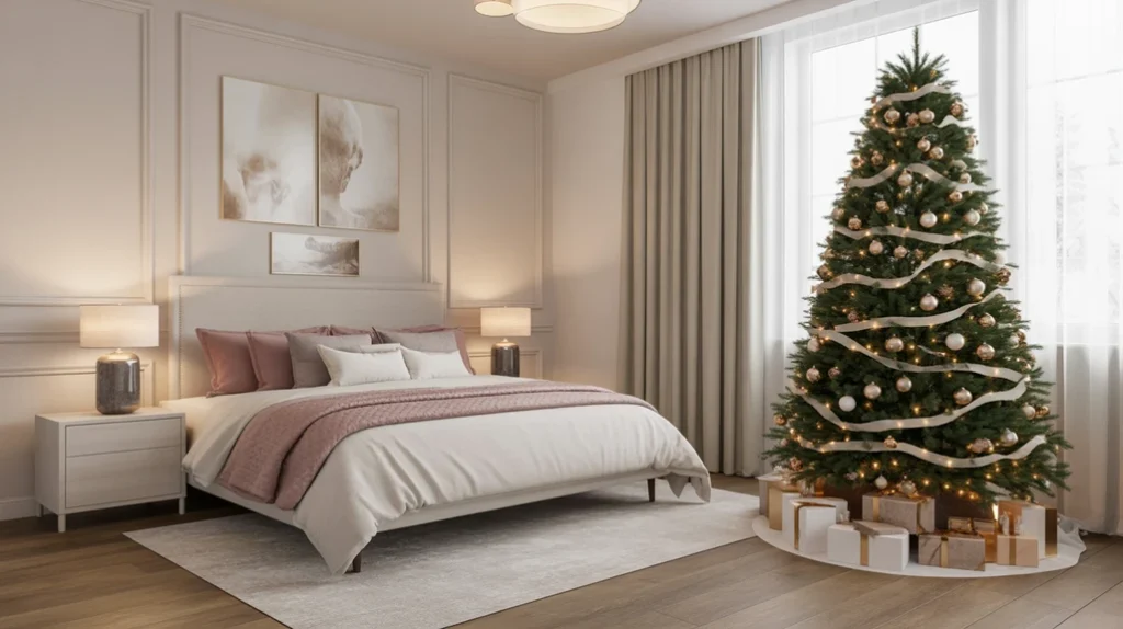 Christmas tree in large master bedroom decorated with metallic ornaments and white ribbon garlands