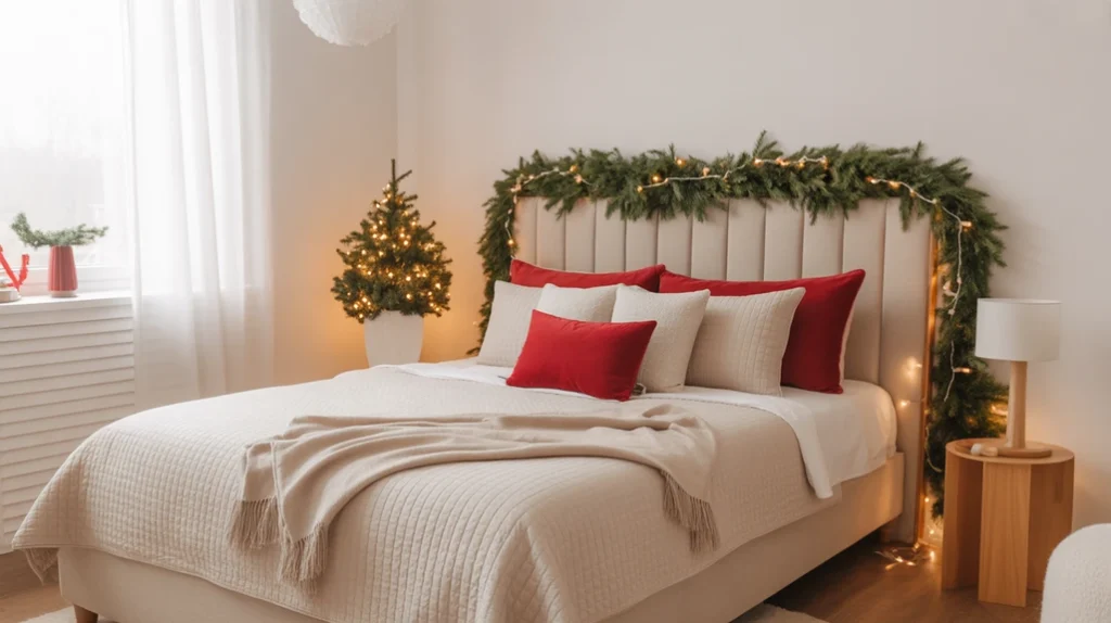 Classic red and green Christmas bedroom with plaid bedding and garland