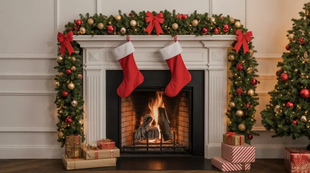 Christmas fireplace decor ideas with lush garland and twinkle lights