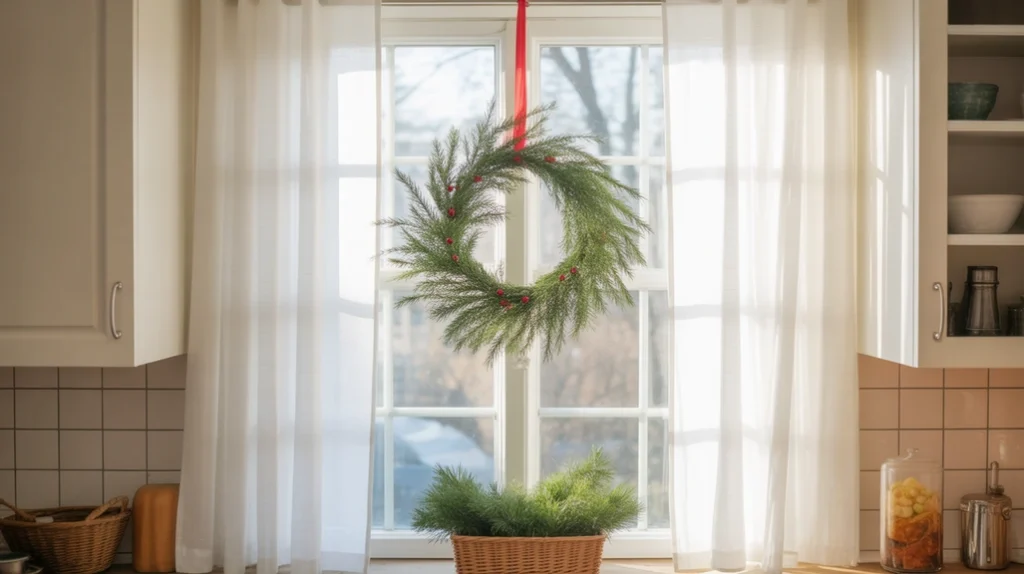 Green wreath with red ribbon hanging in a kitchen window, classic Christmas kitchen window decor idea for a simple festive touch.