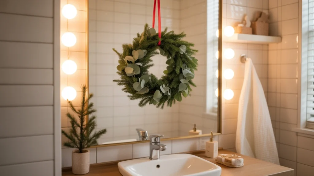 small pine wreath hanging on a bathroom mirror with soft winter greenery and warm lighting