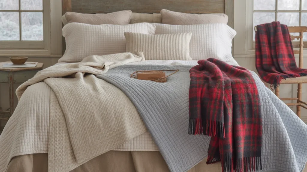 Neutral farmhouse bedding with white sheets, plaid throws, and soft blankets for a cozy rustic Christmas look