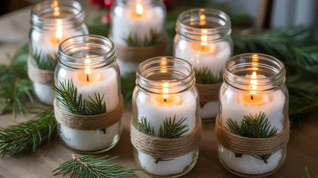DIY mason jar Christmas candle holders with Epsom salt snow and twine for budget holiday kitchen decor