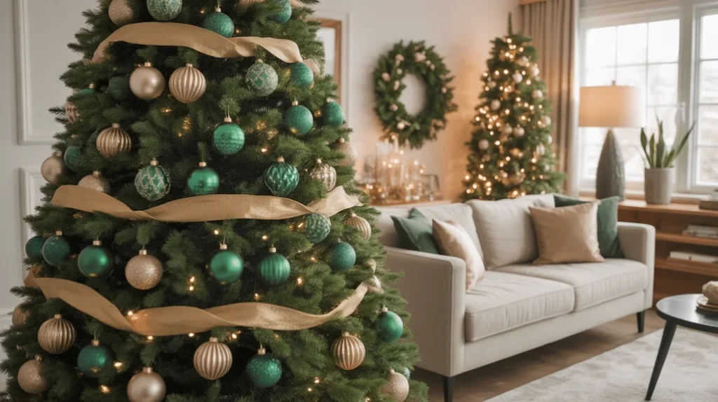 Emerald and gold Christmas tree decor with metallic ornaments, ribbons, and lights creating a festive living room centerpiece.