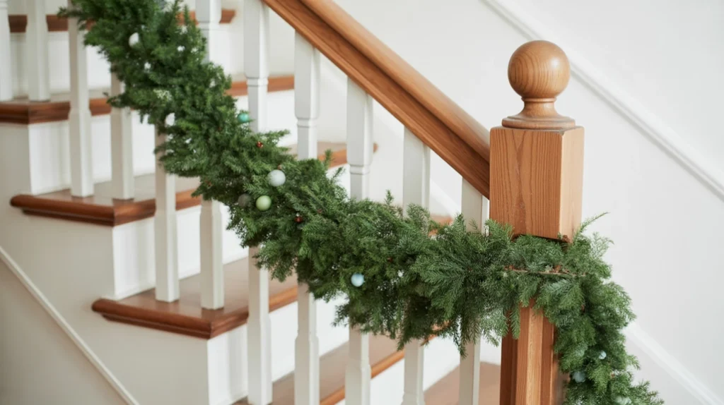 “Evergreen garland wrapped around staircase banister for classic Christmas railing decor”