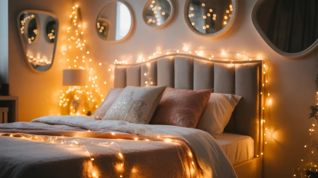 Teen Christmas bedroom with warm fairy lights, soft colors, and cozy festive lighting for winter decor