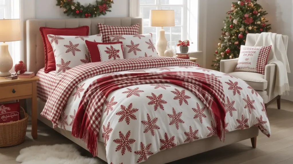christmas bedding set with snowflake print sheets and plaid blankets creating a cozy festive bedroom look