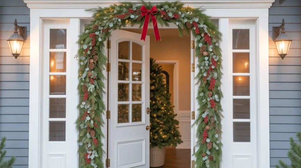 “Holiday doorway garland with pine, eucalyptus, berries, and warm Christmas entry decor”
