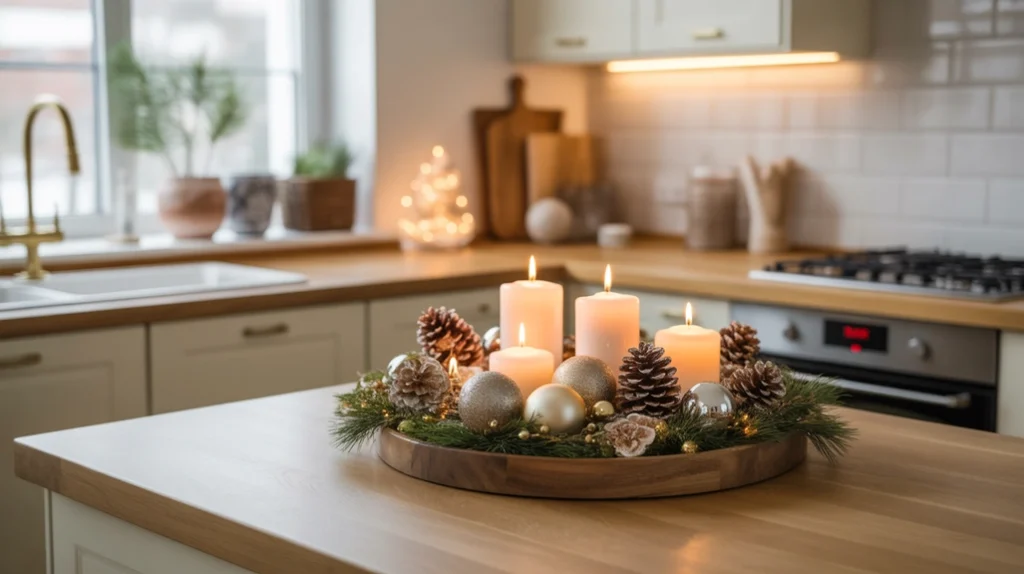 Christmas kitchen counter styled with a wooden tray of candles, pinecones, ornaments, and natural greenery for festive charm