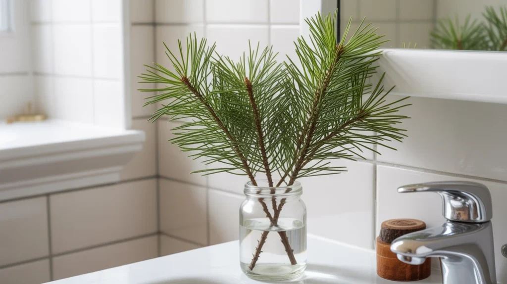Fresh pine greenery displayed in a bathroom for natural Christmas décor with an organic winter feel.