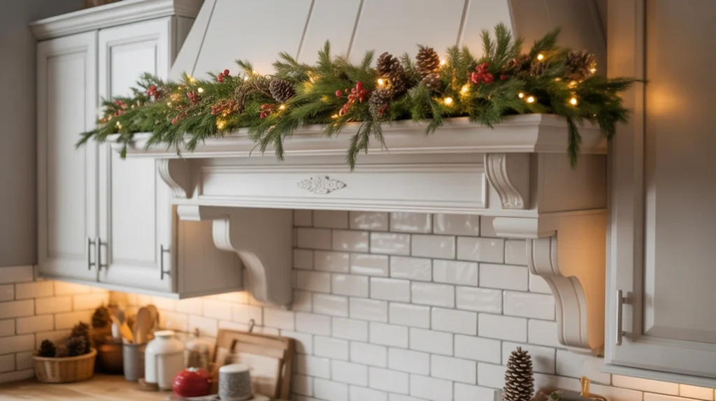 Evergreen garland above white kitchen cabinets with fairy lights and pinecones, perfect Christmas kitchen wall decor for a cozy holiday feel.