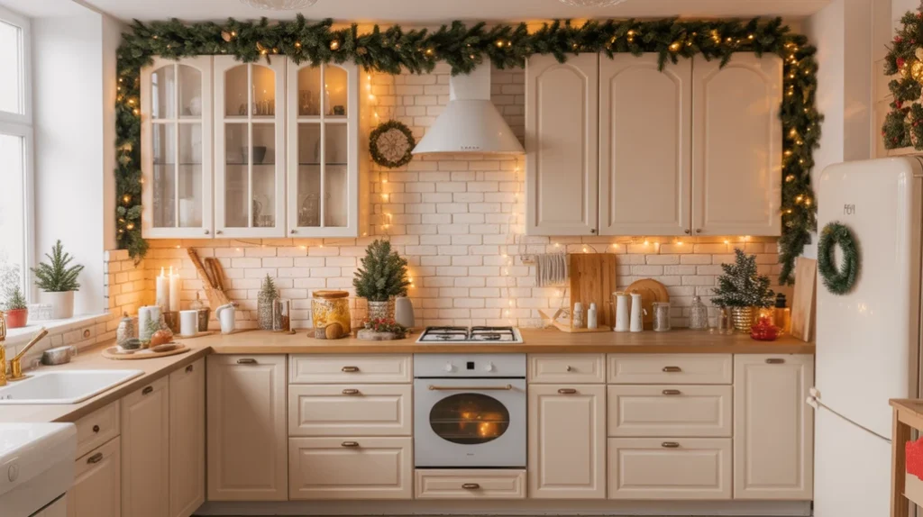 Christmas kitchen garland above cabinets with pine branches and fairy lights