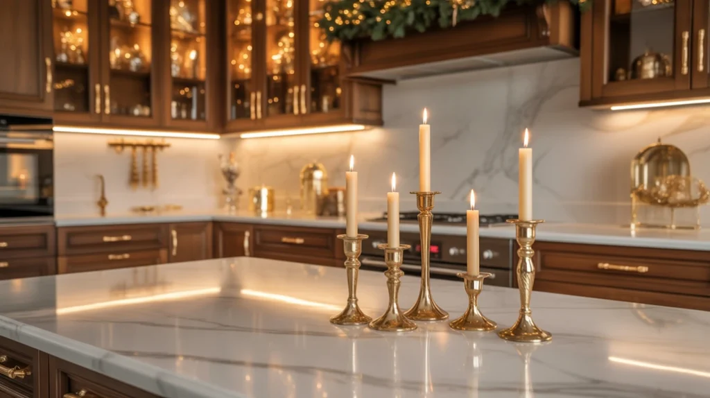 gold accents and marble surfaces adding sophistication to an elegant christmas kitchen decor style