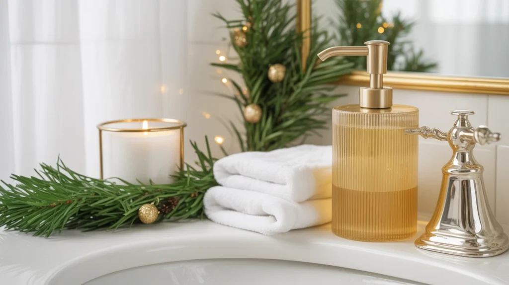 gold accents used in glam christmas bathroom decor for a luxe holiday look