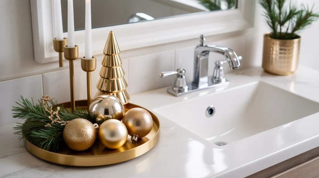bathroom counter decorated with gold christmas accents, festive ornaments and pine greenery