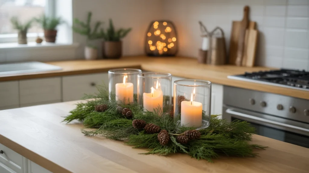 Kitchen island styled with pine branches and candles for elegant Christmas centerpiece and cozy natural holiday decor