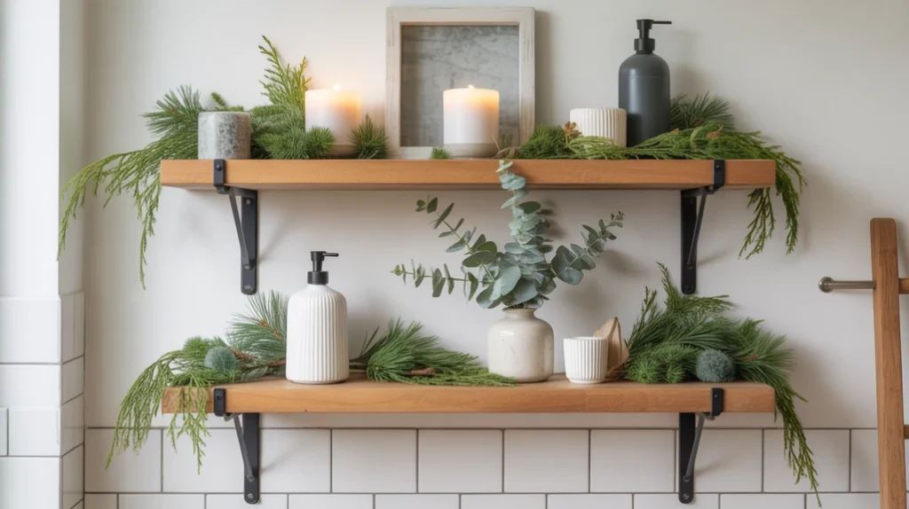 bathroom shelf decorated with fresh pine and eucalyptus greenery for a natural Christmas look