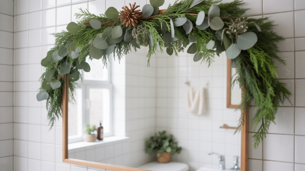 bathroom mirror framed with pine and eucalyptus greenery for a natural Christmas look