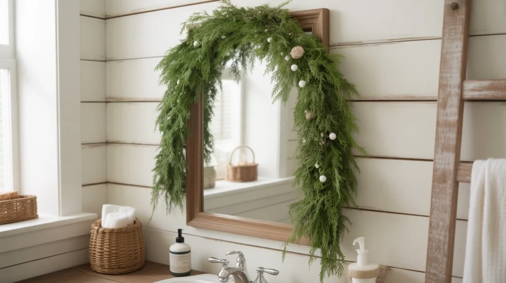 vgreenery garland draped on bathroom mirror adding cozy farmhouse christmas charm