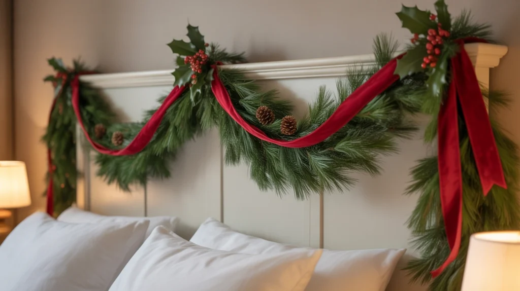 1 – Garland draped across headboard highlighting Christmas bedroom garland and wreath ideas