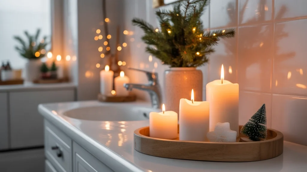 Warm candlelight creating a cozy Hygge Christmas glow in a Scandinavian-inspired bathroom.