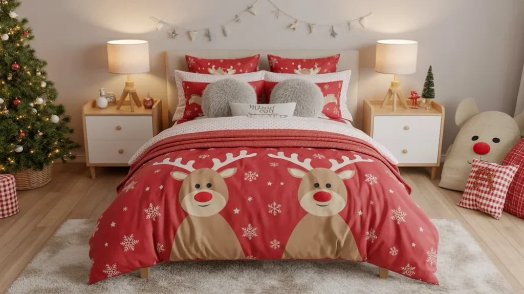 kids Christmas bedding ideas with reindeer prints and red plaid blankets