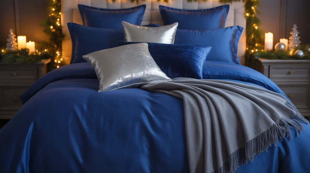Soft blue bedding with silver accent pillows and throws, adding festive luxury to a cozy Christmas bedroom.