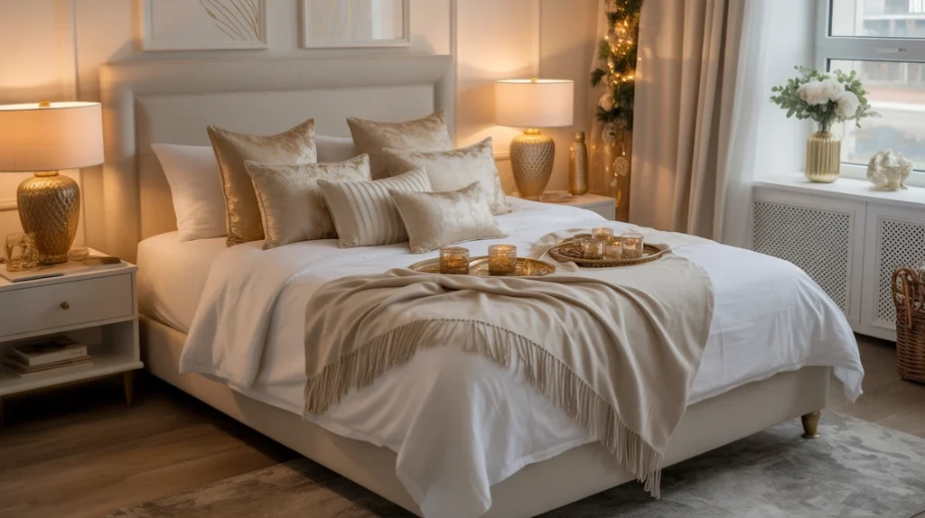 White bedding layered with gold pillows and throws for a cozy, luxurious Christmas bedroom look.