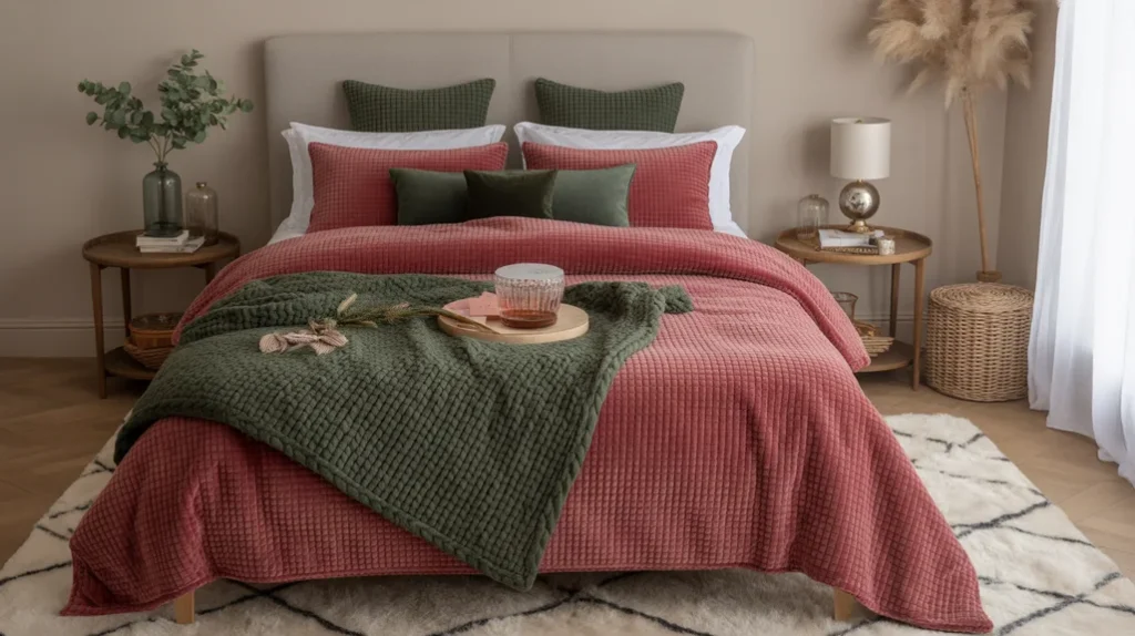 Flannel sheets and velvet duvets layered for a cozy winter Christmas bedroom design