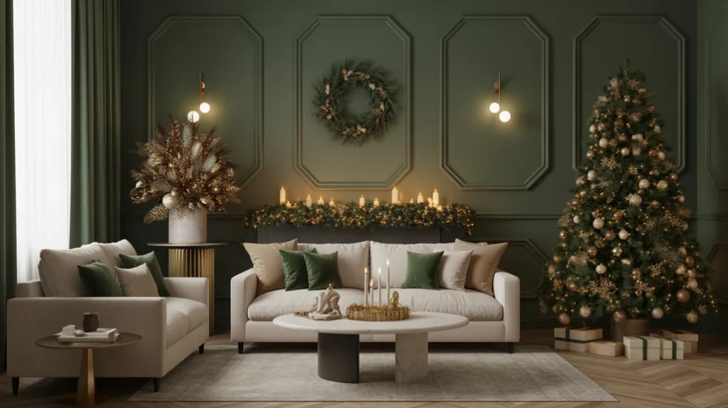 magical Christmas color palette with green, gold, and ivory decor ideas
