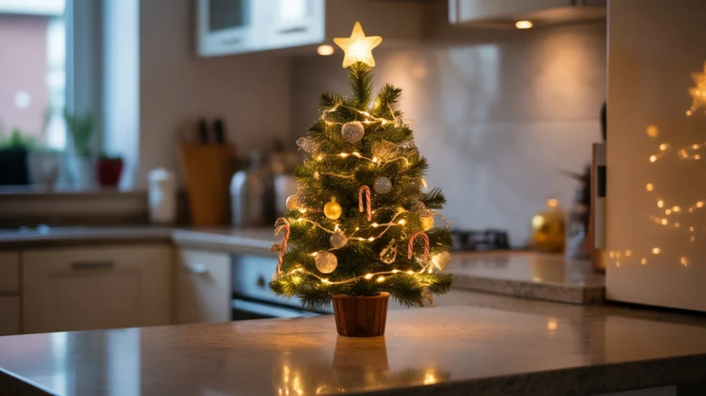 Mini Christmas tree on apartment kitchen counter with tiny ornaments and warm holiday lights