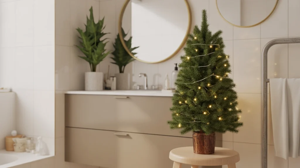 Mini Christmas tree styled on a bathroom vanity with warm lights and simple holiday accents