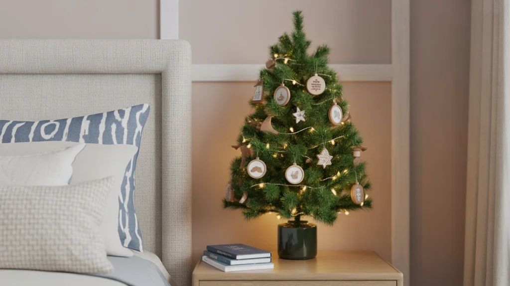 Mini Christmas tree with warm lights and small ornaments adding festive cheer to a boy’s bedroom
