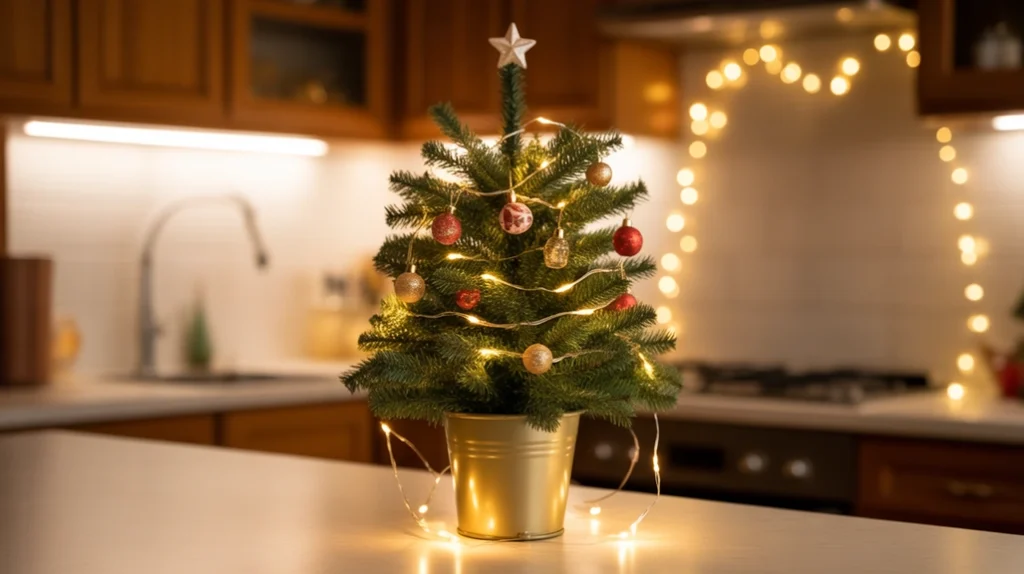 Mini Christmas tree on kitchen counter with soft LED lights and small ornaments