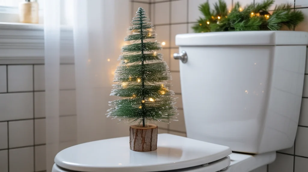 mini christmas tree on toilet tank for a festive holiday bathroom touch