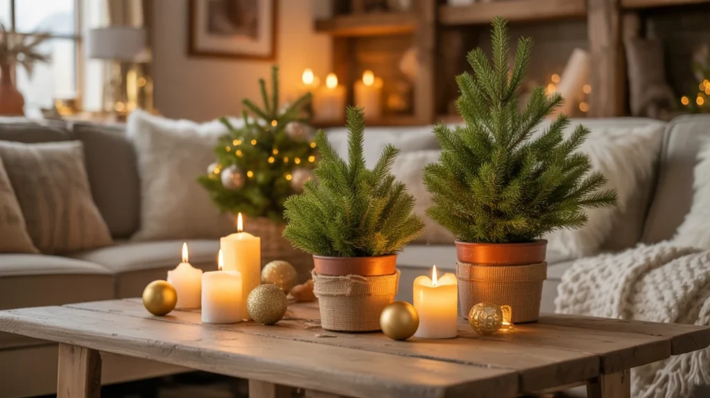 “mini Christmas trees and greenery on wooden coffee table, festive living room decor”