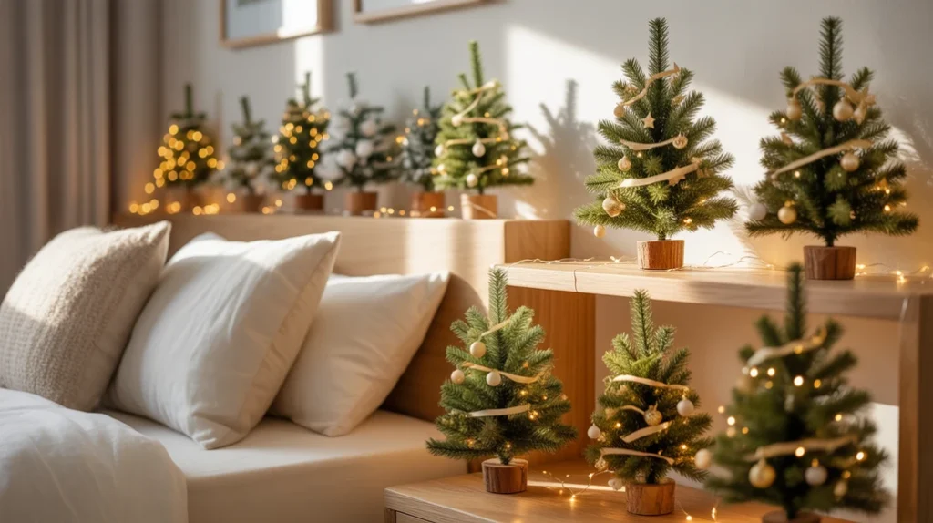 Mini Christmas trees on bedroom shelves decorated with lights and ornaments