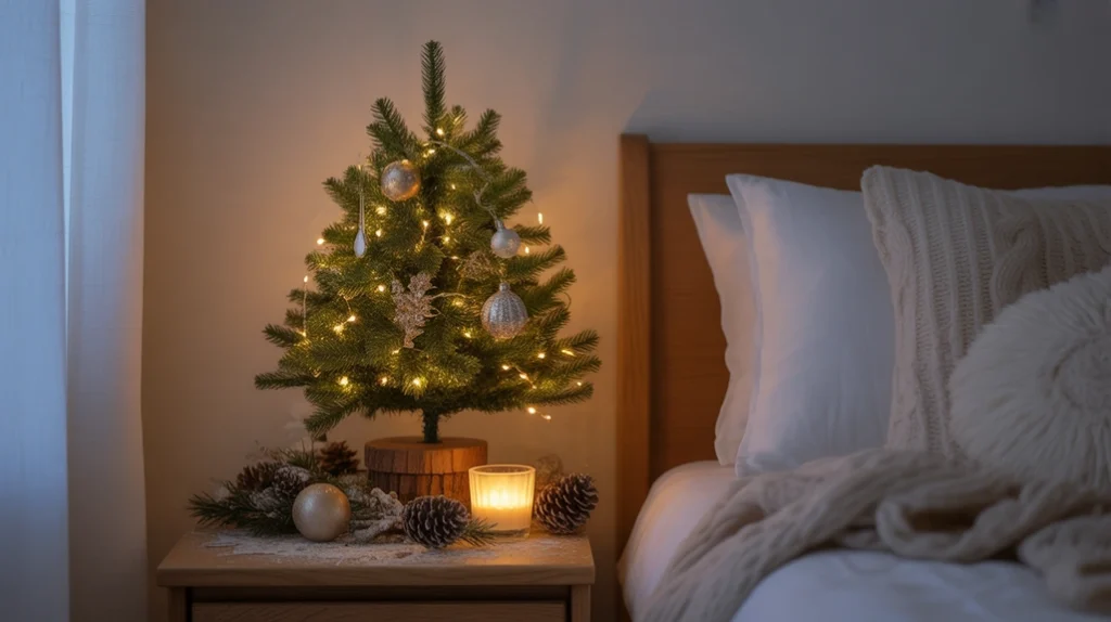 Mini Christmas tree on nightstand bedroom decor idea