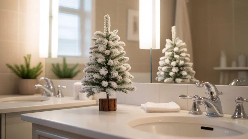 mini white christmas trees on bathroom vanity with soft snowy winter accents